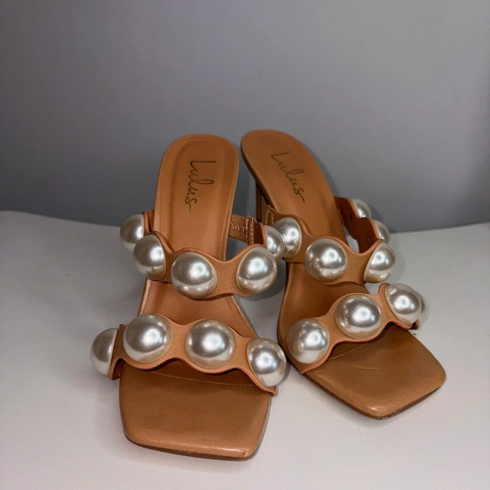 Lulus Endlesslyy Light Nude Pearl Square Toe High Heel Sandals Tan 6